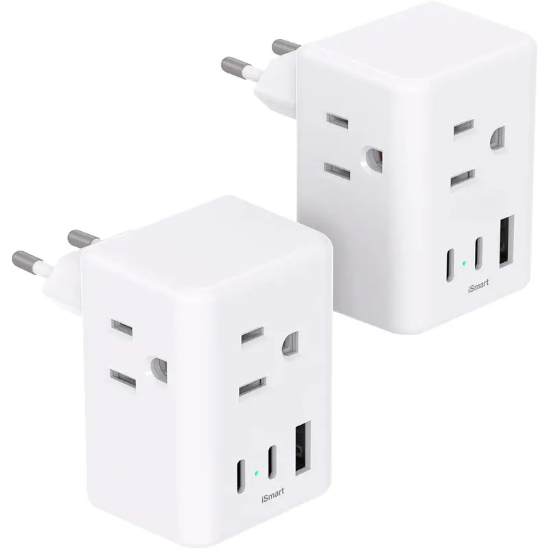 F-APT23  2 Pack European Travel Plug Adapter, International Power Plug Adapter with 3 Outlets 3 USB Charging Ports(2 USB C), Type C Plug Adapter Europe Travel Essentials to Spain Italy France