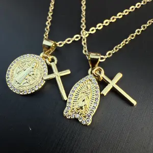 Pyrexta Jewelry Virgin Mary Priest Cross Pendant 14k Gold Plated 18-inch Chain Necklace Ideal Gift for Women Birthdays Holidays