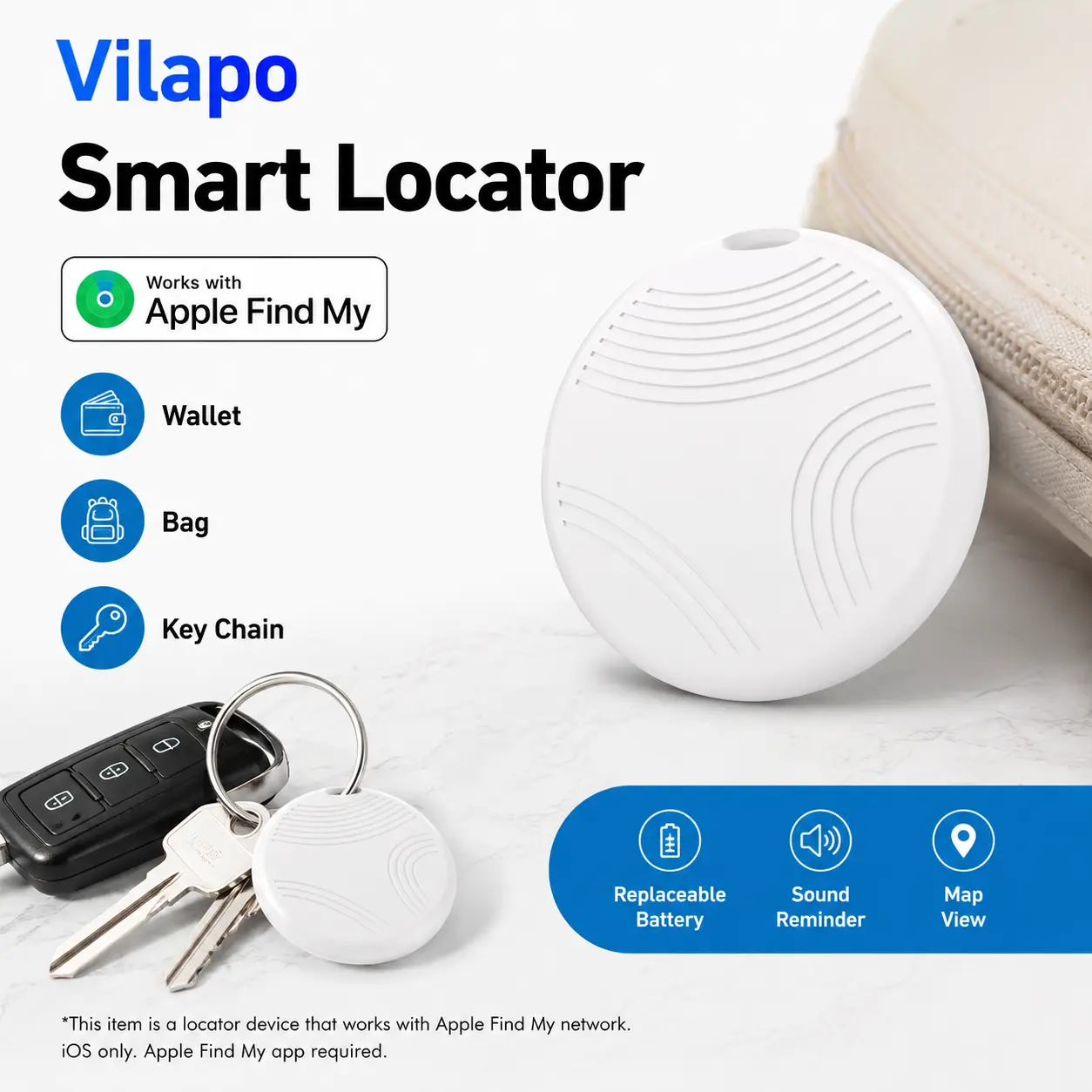 White Coin Shape Anti-Lost Tracker, 365 Days Standby, Works with Apple Find My Network