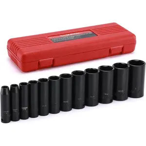 12 count 3/8-Inch Drive Impact Socket Set, 6-Point, SAE, Deep, CR-V, 5/16" to 1", Heavy Duty Blow Molded Storage Case