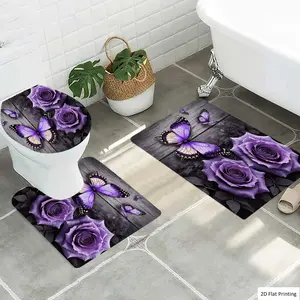 1/3Pcs Vintage Purple Roses and Butterflies Bathroom Mat Set, Flannel Non Slip Bath Rug, Toilet U-Shape Mat, Toilet Lid Cover, Thickened Soft Absorb Water, Microfiber Surface Memory Foam Cushion, Home Bathroom H