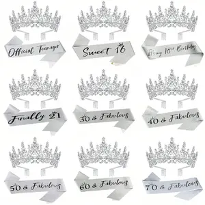Silver Crown, Birthday Crowns / Birthdays for 18/21 years old / 30/40/50/60 years old - Soft satin ribbon Birthday set decorations, suitable for daughters, wives, mothers, birthday presents, and party decorations