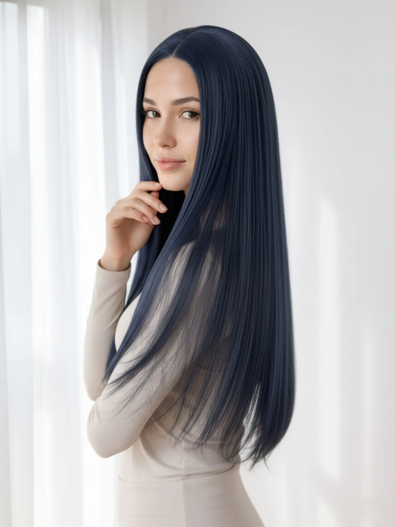 Deep Blue Long Straight Hair Synthetic Wig 13x4 HD Lace Front Construction, High-Temperature Resistant Fiber, Ideal for Daily Use and Role Playing, Long Hair Length, No Bangs Design, Synthetic Lace Wigs