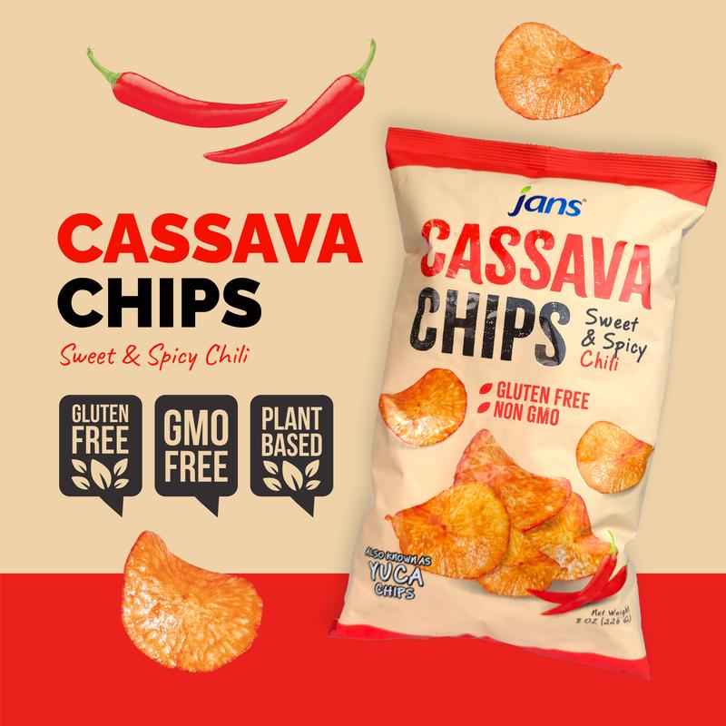 Jans Cassava Chips Sweet & Spicy Chili Flavor 8oz (Pack of 2) — Crunchy Yuca Chips | Cassava Balado