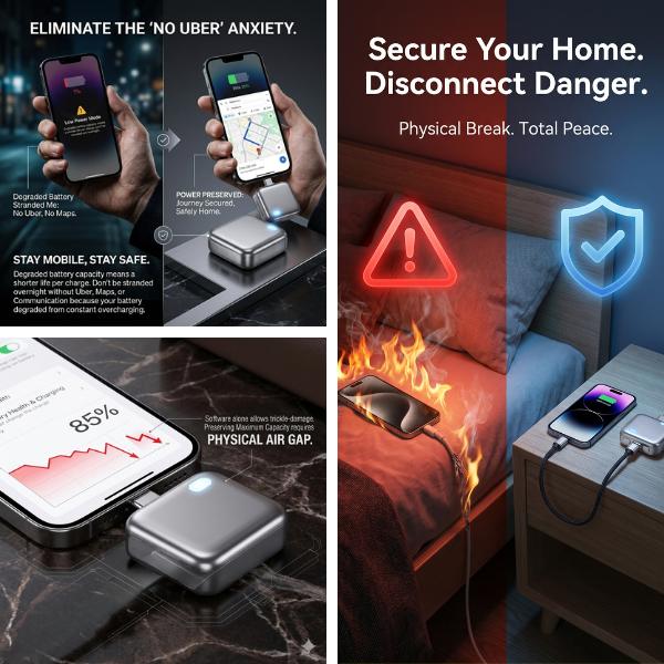 AI Physical-Disconnect Battery Guard, Smart Auto-Eject Charging Protector for iPhone, iPad & Android, 140W High-Speed In-line Bridge for Battery Health & Home Safety,Charging Separator ,Phone and Charging Cable Separation Tool AI Physical-Disconnect Battery Guard, Smart Auto-Eject Charging Protector for iPhone, iPad & Android, 140W High-Speed In-line Bridge for Battery Health & Home Safety,Charging Separator ,Phone and Charging Cable Separation Tool