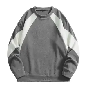 Unisex Gray and White Patchwork Shoulder Insert Round Neck Sweatshirt American Vintage Style Loose Fit Soft Daily Commuter Student Casual Menswear Hoodie Tops Man Crewneck Long Sleeve