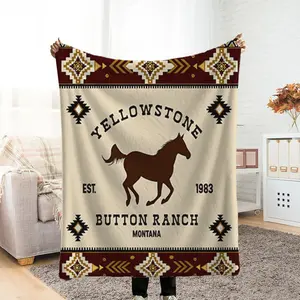 Vintage Southwest Yellowstone Ranch Design Flannel Blanket - Lightweight Soft Four Seasons Suitable, Thick Faux Fur Blanket, Bedroom Floor Blanket, Couple Custom Blanket, Extra Large Sofa Blanket,