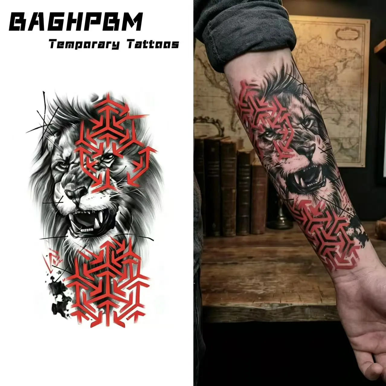 BAGHPBM Temporary Tattoos,American-Style Lion Flower Arm Tattoo Designs: Colorful Arm and Leg Tattoo Stickers for Men and Women