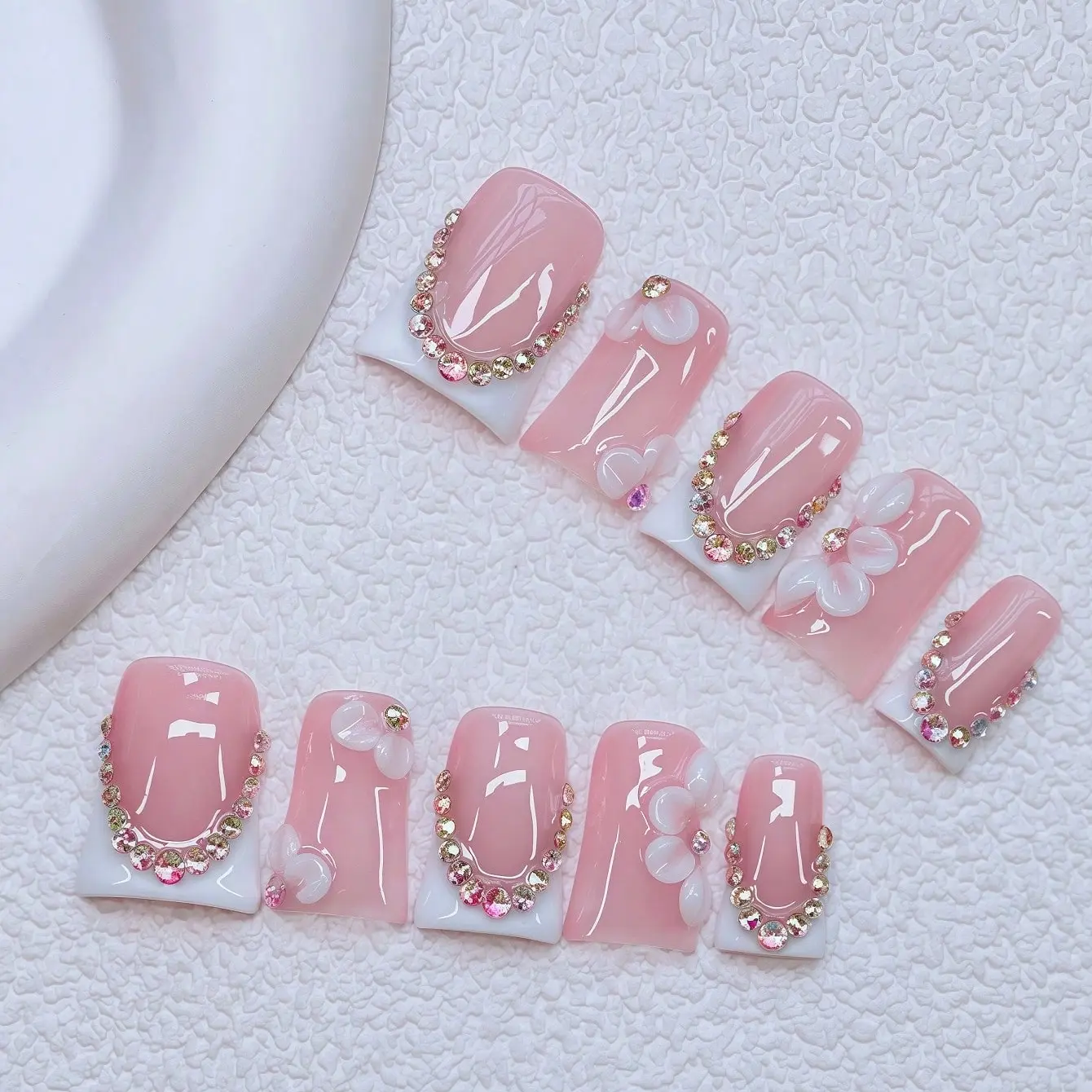 10 pcs Handmade Press on Nails 3D Floral White Tips,Ducknails, Y2K Baddie Style, Nude And White Color with French Tips, Floral And ringstone design, Suitable for Women And, Includes Tools