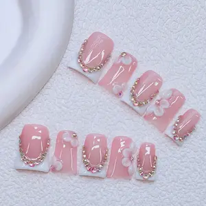 10 pcs Handmade Press on Nails 3D Floral White Tips,Ducknails, Y2K Baddie Style, Nude And White Color with French Tips, Floral And ringstone design, Suitable for Women And, Includes Tools