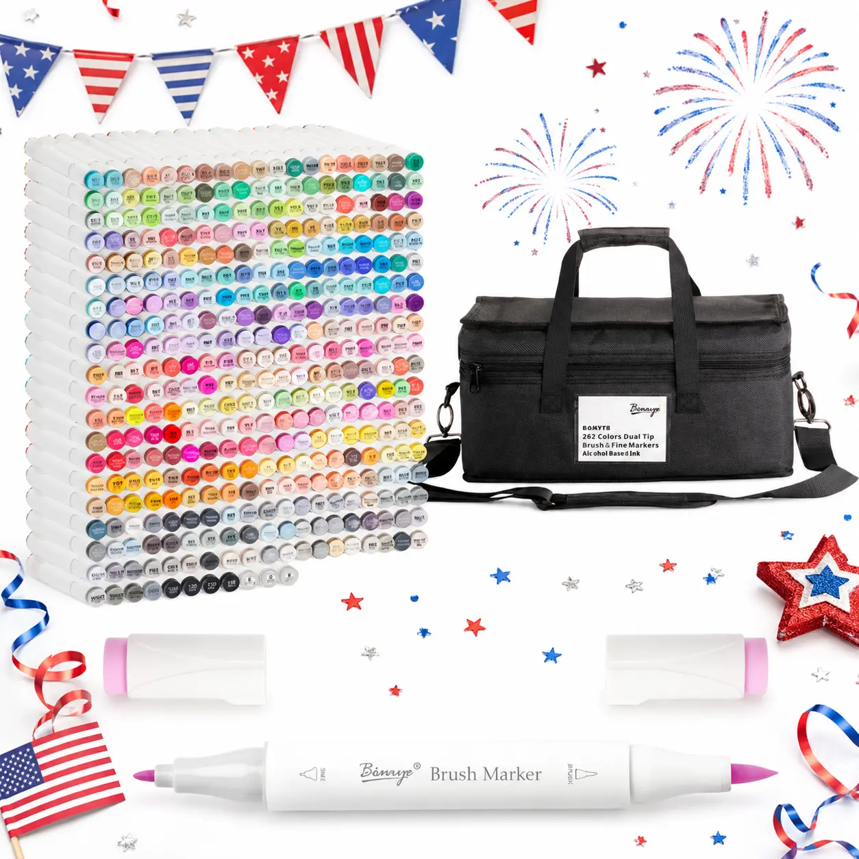 Bianyo 372-Piece Dual Tip Alcohol Art Markers Set - Brush & Fine Tips, Color Stability, Color Expression, Includes Shoulder Strap Carry Bag - for Illustration, Portraits, Architecture (Office Stationery Writing Tool)