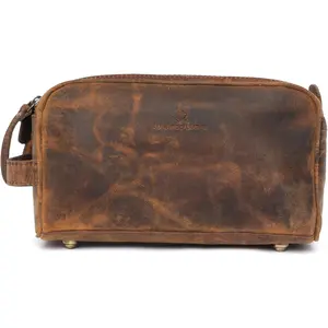 Toiletry Bag for Men – Genuine Dopp Kit, Travel Organizer for Grooming Essentials, Large Shaving Kit Pouch, Durable Distressed Brown Gift for Men