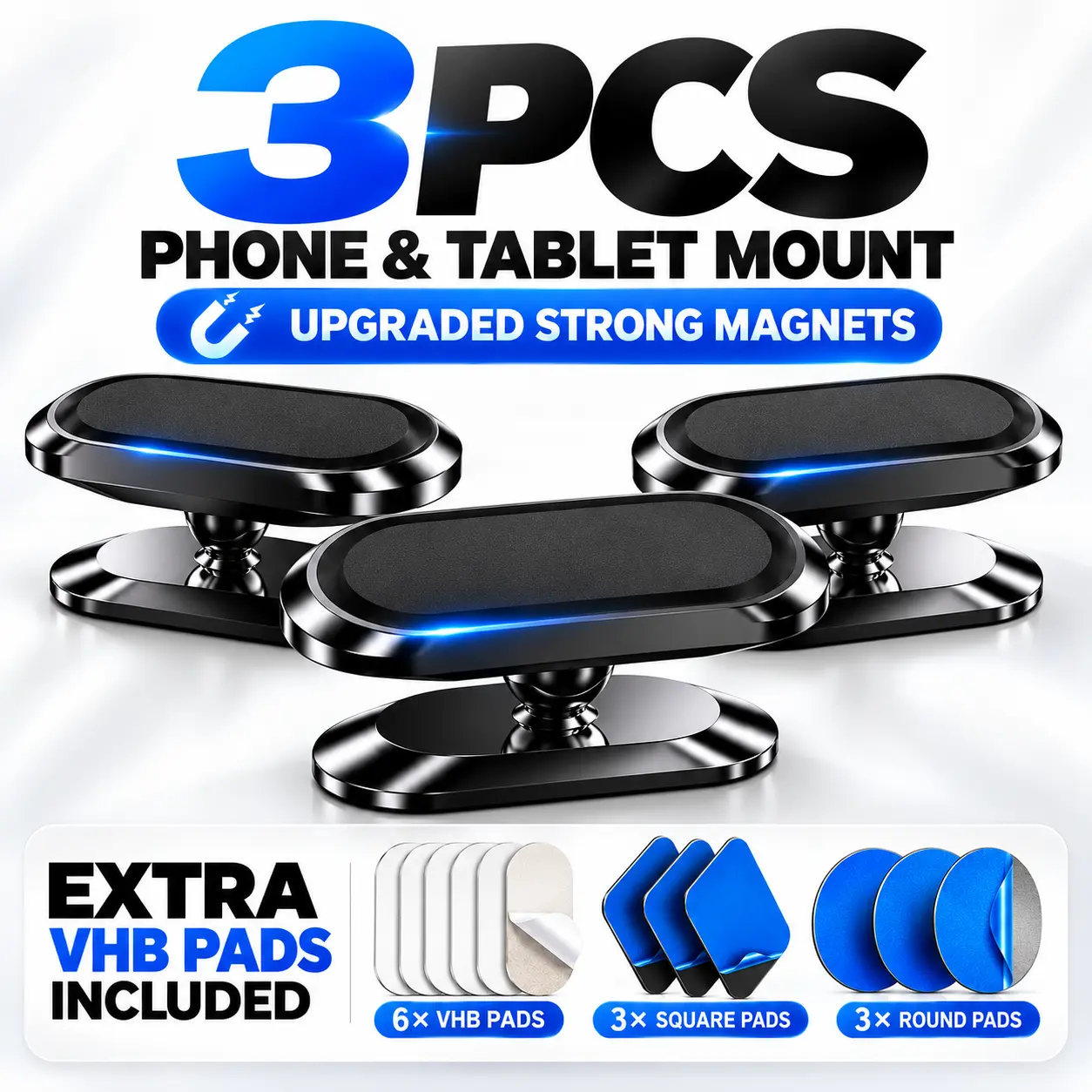2PCS/3PCS Magnetic Car Phone & Tablet Mount, Universal Suction Cup Holder 360° Adjustable Rotation,  Compatible with iPad for In-Car Secondary Screen, Car Navigation Support, 6 adhesive patches, 3 circular patches, 3 square patches