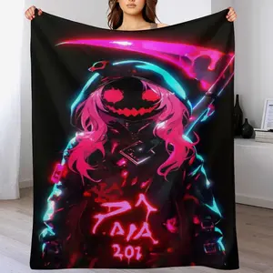 Neon Cyberpunk Reaper Throw Blanket, Pink Hair Anime Girl With Glowing Scythe Blanket, Dark Aesthetic Flannel Blanket for Bed Couch, Edgy Goth Room Decor