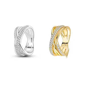 MULA Multi-band Cross Wide Ring S925 Silver-plated and 18K gold plated with pavé cubic zirconia, an elegant gift for women and girls, suitable for anniversary, birthday, Valentine's Day or daily wear