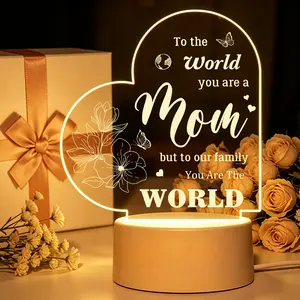 Heart Shaped Magnolia Flower & Butterfly Engraved Acrylic LED Night Light, To The World You Are A Mom Inspirational Quote Desk Lamp, USB Warm White Mother’s Day Birthday Sentimental Gift For Mom Bedroom Home Table Decor