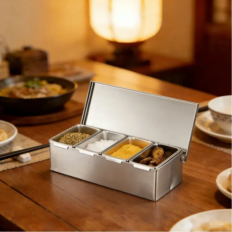 CNCEST Silver 4-Slot Durable Stainless Steel Condiment Carrier - Kitchen Food Storage with Lids Block Spills, Included Spoons (1 Spoon per Slot), 14.96" Space-Saving Tabletop Spice Box with Removable Compartments, Minimalist Modern Design