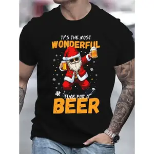 Christmas Santa 3D Print T-Shirt - Men's Casual Round Neck Short Sleeve Tee, Polyester Knit Fabric - Festive Holiday Top for Adults - Summer Season - Perfect Gift for Christmas