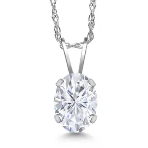 Gem Stone King 14K White Gold Pendant with Chain Oval White Moissanite (0.90 Cttw)