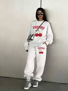 Women's two-piece set, Casual fashion set, featuring cherry and letter slogan prints, including a round-neck pullover and loose-fitting leggings, a casual sports style set, and a fleece-lined version of the set