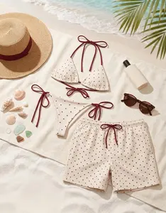 Red Polka Dot Couples Swimsuit Set – Women’s Triangle String Bikini & Men’s Matching Swim MESH Shorts, Romantic Beachwear Outfit