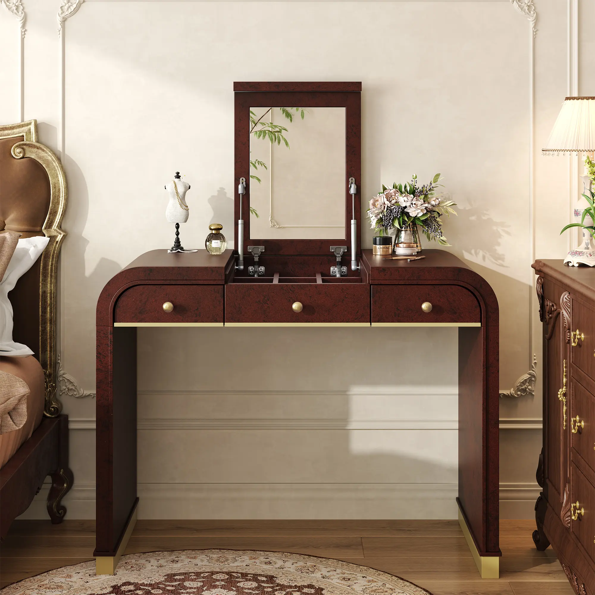 Bellemave Retro Glam Makeup Vanity Table - 3-in-1 Solid Wood Mirror Makeup Vanity, Espresso Finish, 2 Drawers, Round Corners, Modern Space-Saving Desk for Bedroom, Mirror Makeup Vanities