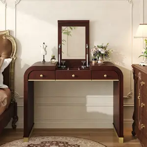 Bellemave Retro Glam Makeup Vanity Table - 3-in-1 Solid Wood Mirror Makeup Vanity, Espresso Finish, 2 Drawers, Round Corners, Modern Space-Saving Desk for Bedroom, Mirror Makeup Vanities