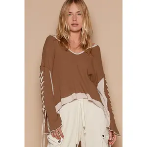 POL Lace-Up Sleeve Color Block Ribbed Knit Top