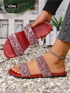 Women's new summer style two-strap Glitter Strappy sequin-decorated round-toe flat sandals for outdoor wear, simple, fashionable, comfortable, lightweight, and casual