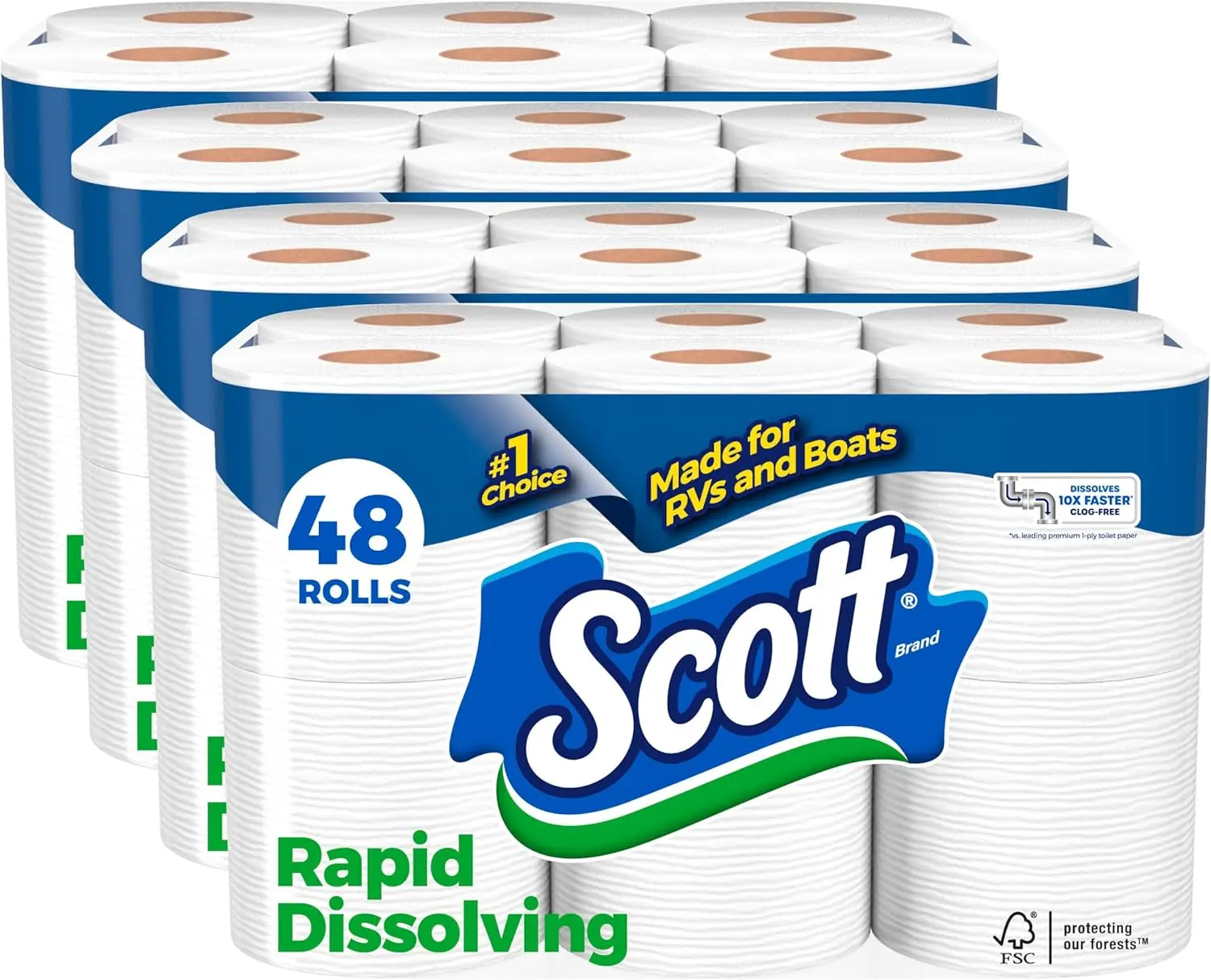 48 Double Rolls Scott Rapid-Dissolving Toilet Paper, Septic-Safe, Soft & Strong, Quick-Dissolving Bath Tissue