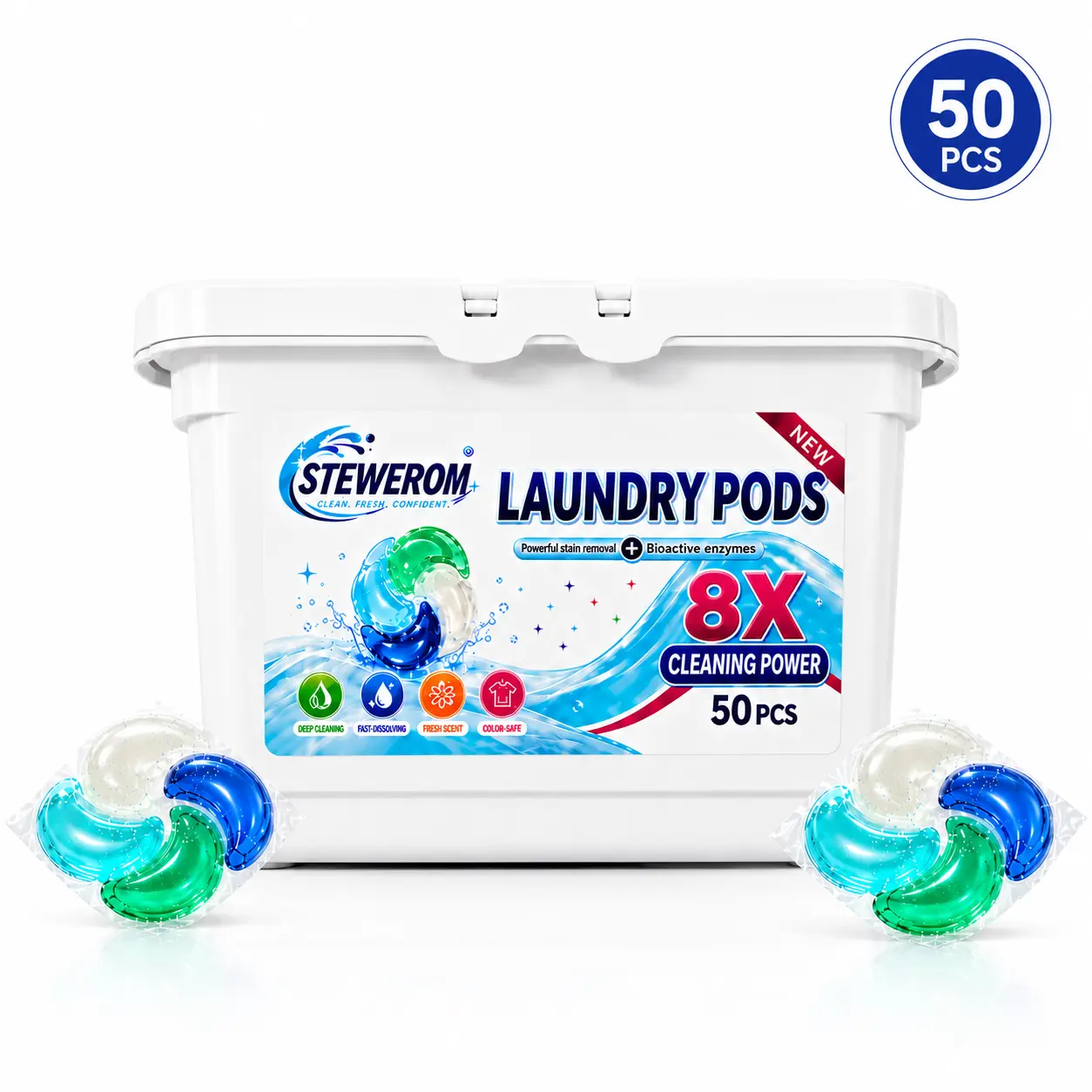 STEWEROM Laundry Detergent Pods 50 Count, Fresh Scent Liquid Laundry Pacs, Fast-Dissolving Color-Safe Detergent Pods for Everyday Laundry, HE & Standard Washers