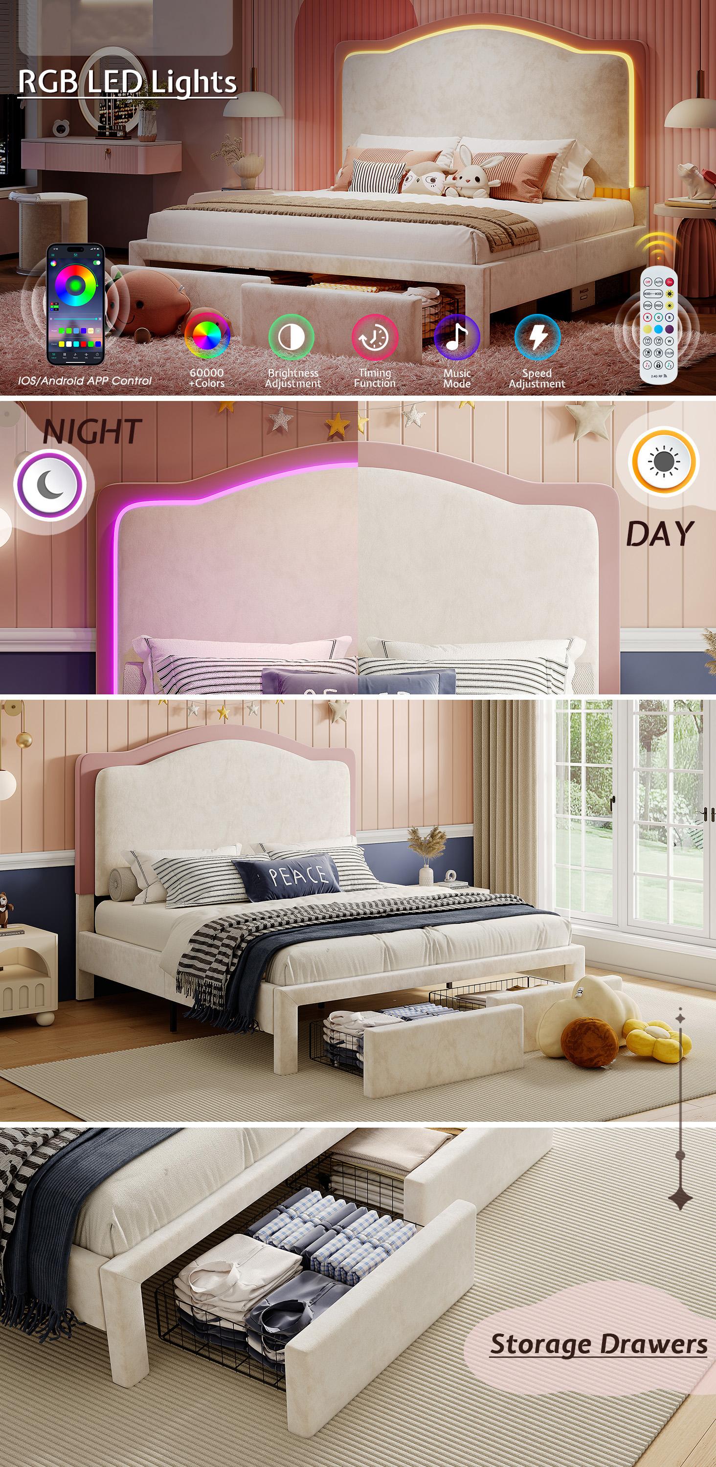 AMERLIFE LED Bed Frame with 2 Storage Drawers, Upholstered Platform Bed with Adjustable Headboard, No Box Spring Needed, Easy Assembly Unique Bedroom Furniture/Best Gift Ideas/Christmas Gifts