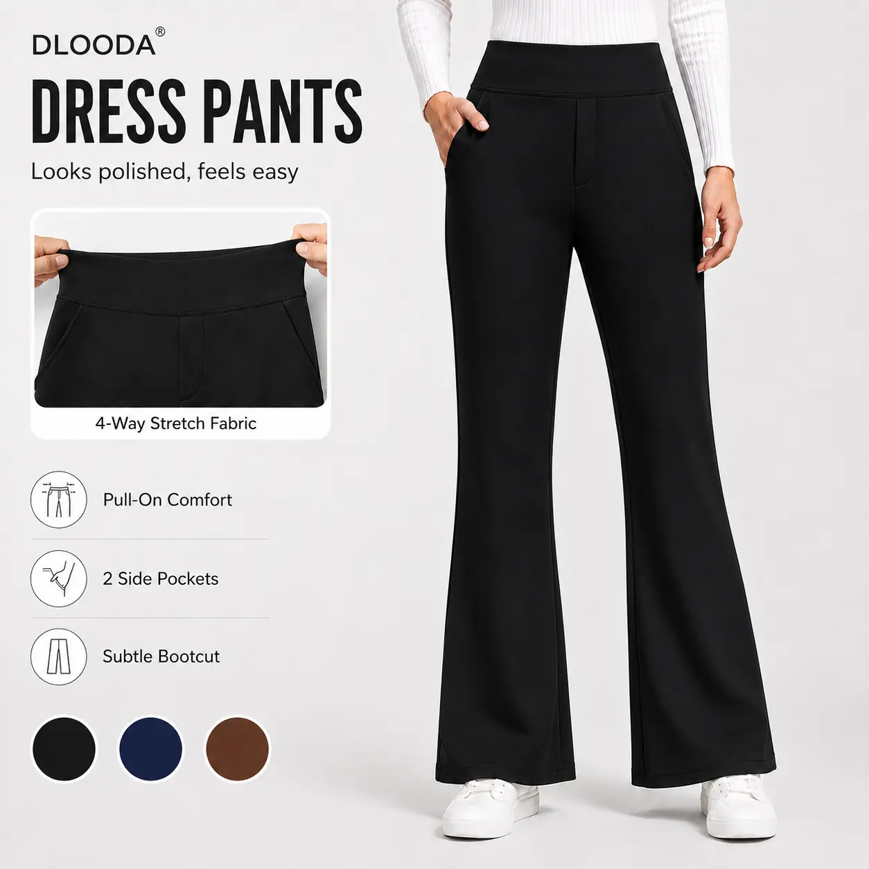 DLOODA Women's High-Waisted Stretchy Bootcut Work Pants - Pull-On Fitted Basic Pants with Pockets, Women's Business Casual Formal Office Bottoms, Work Pants Women, Business Casual Pants
