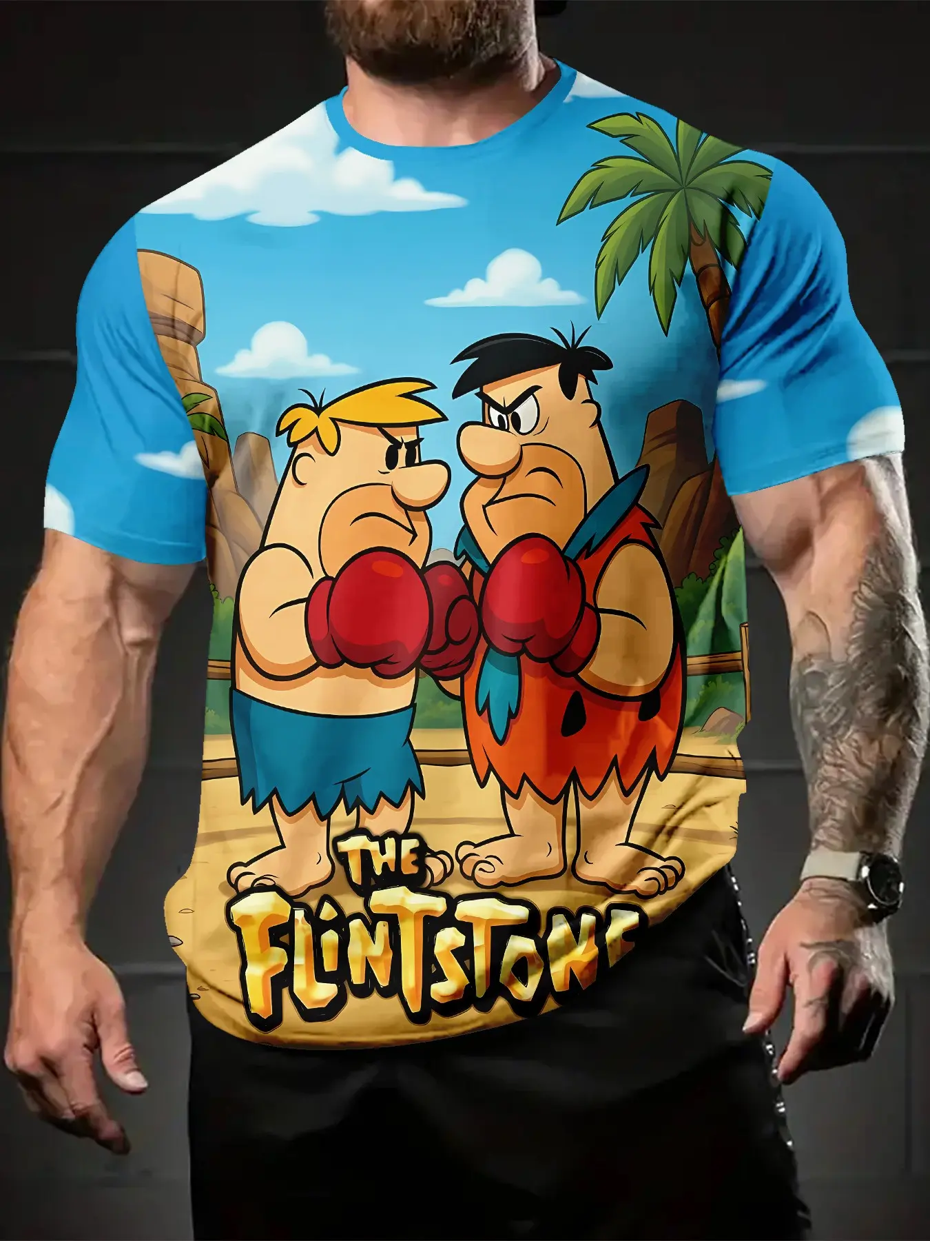 The Flintstones Boxing Men's 3D Digital Print T-shirt, Casual Style Graphic, a casual, versatile sporty Fitted men's crew neck short-sleeve top, suitable for daily wear, a perfect holiday gift for men.