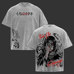 Akatsuki Red Cloud Vintage Washed Oversized Heavyweight Cotton Graphic T-Shirt, Naruto Anime Double Print Streetwear Dark Ninja Unisex Tee