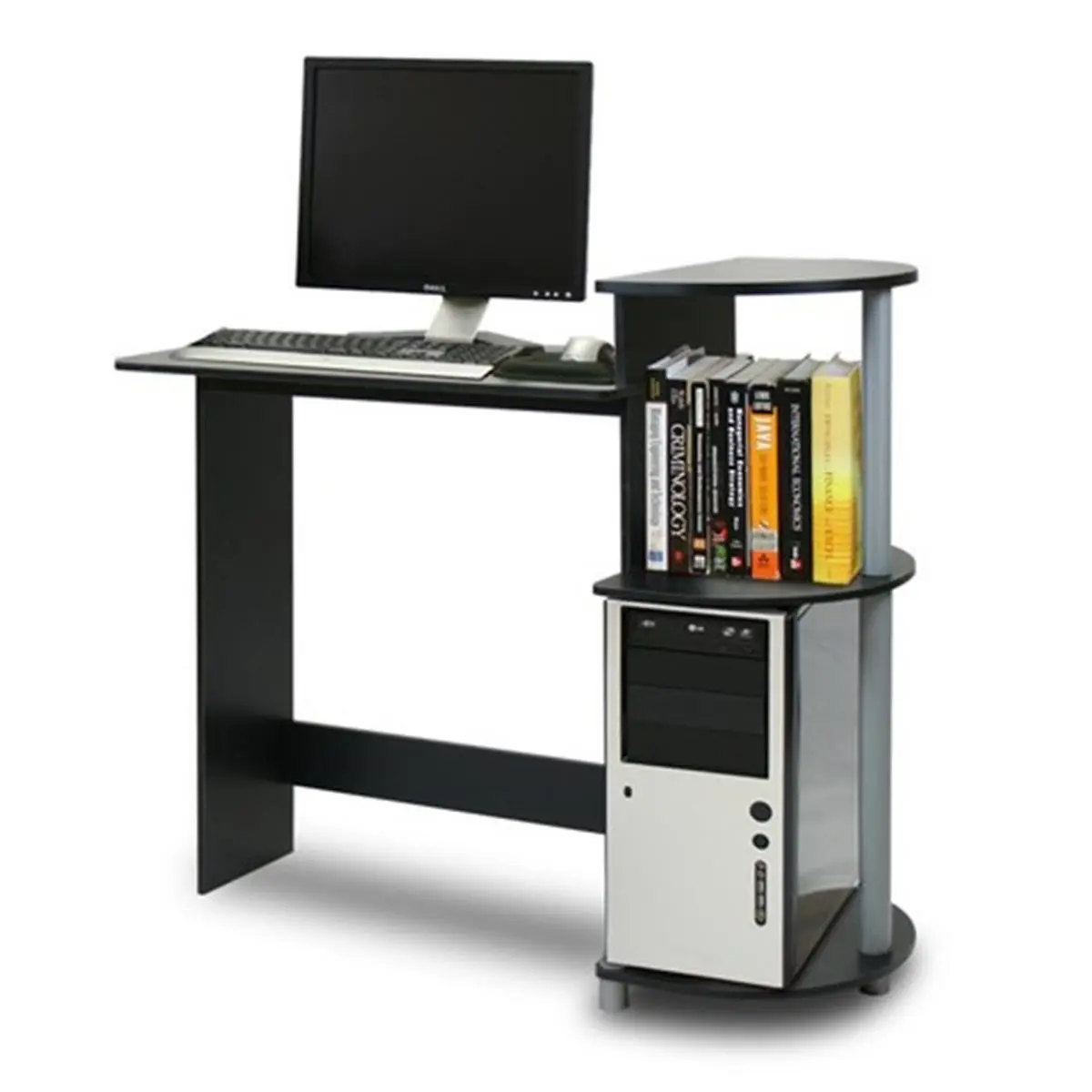 Furinno Durable Modern Compact Commercial Grade Desk & Workstation - Solid Black & Grey Composite Wood, Plastic, Space-Saving Office Furniture, No Foul Smell, Green Production, 33.6x39x15.6in, Space Saving Furniture, Commercial Grade Desks & Workstations