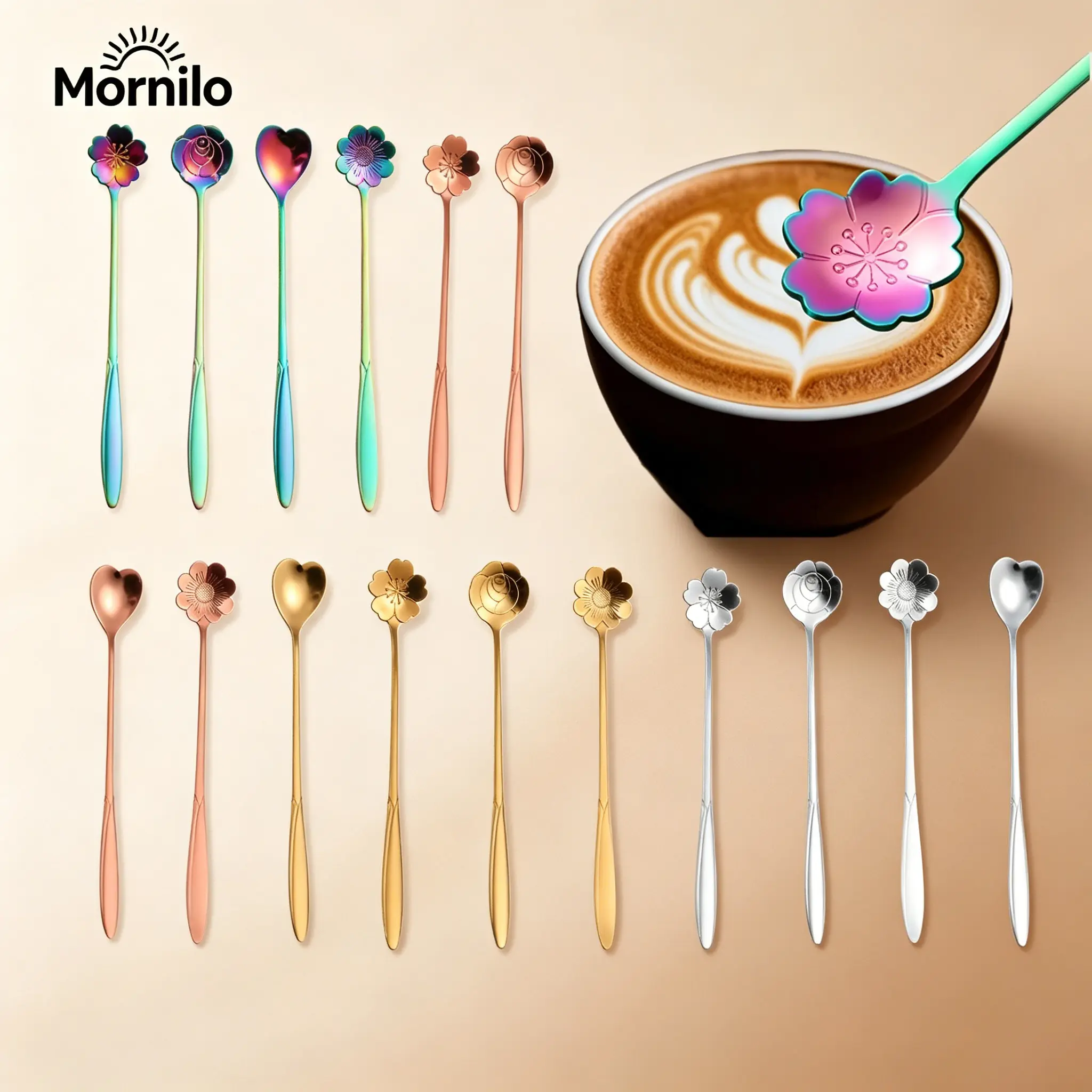 4Pcs Long-Handled Coffee And Dessert Spoons Featuring A Flower Design—Exquisite Accessories For A Coffee Corner And Ideal Tableware For Outdoor Camping And Picnics. Dishwasher-Safe. A Lovely Gift For Women, Perfect For Weddings Or Holidays