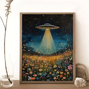 Psychedelic UFO Wall Art Poster, Vintage Wildflowers Canvas Print, Retro Dopamine Decor for Bedroom, Living Room & Dorm