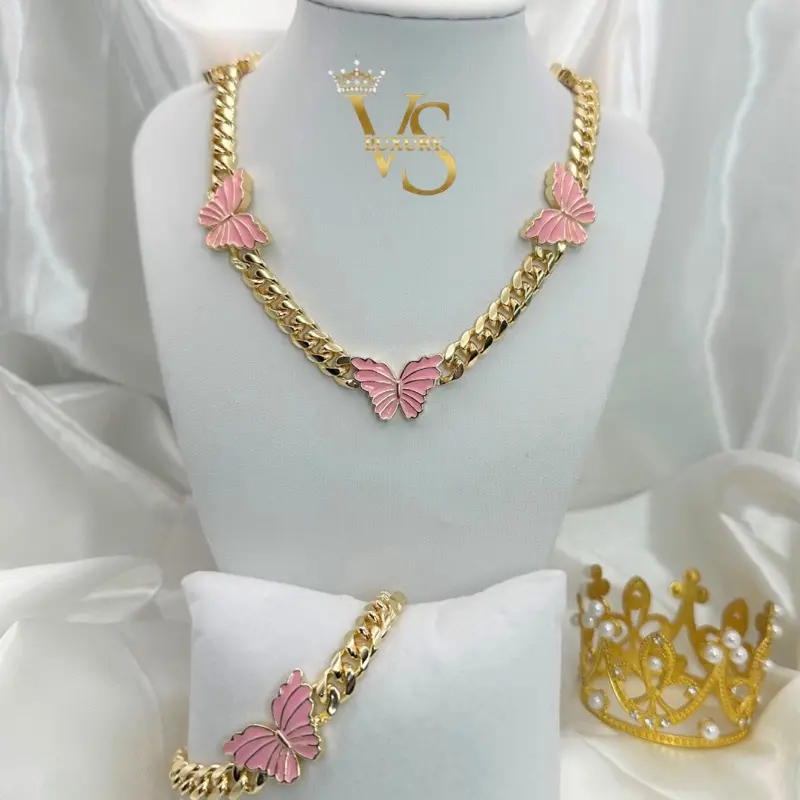 Valdes Luxury #168 – Pink Butterfly Set  14K Gold Plated Laminated Butterfly Chain Set – Necklace & Bracelet