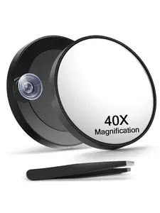 40X Magnifying Mirror with 2 Suction Cups, 3.5 inches Magnified Makeup Mirror and Slant Tweezers,Black,1PC