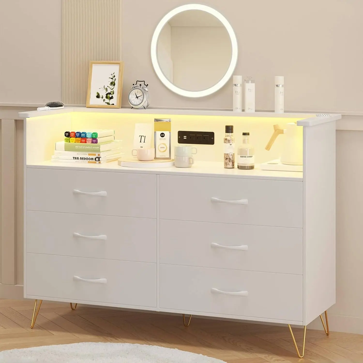 White Modern 6-Drawer Metal Double Dresser with MDF Finish, Charging Station, LED Light, 3 Standard Outlets, Wide Wood Drawers, Music Sync - Durable Storage for Bedroom, Gaming Setup