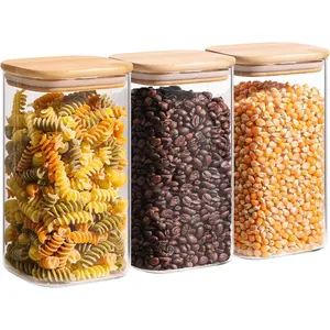 1.4 Qt Glass Storage Containers with , Glass Jars with , Clear  Storage Jar, Square Canister Set of 3, Pantry Organizers and Storage for Flour Oat Pasta  Cookie Coffee Bean