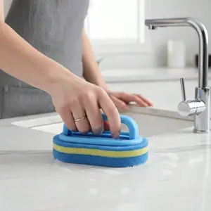 Handheld Tile Cleaning Brush, Microfiber Sponge Scrubber for Bathroom Tile Kitchen Sink, Ergonomic Handle Non-Slip for Dishwashing – For Home Daily Cleaning Gift Dish Scrubbing Sponge