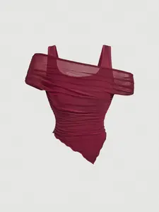 1 Spring Summer Off Shoulder Mesh Crop Top Women | Burgundy Sleeveless Ruched Asymmetric Top with Lining | Y2K Baddie Coquette Style for Date Night Club Party Wear