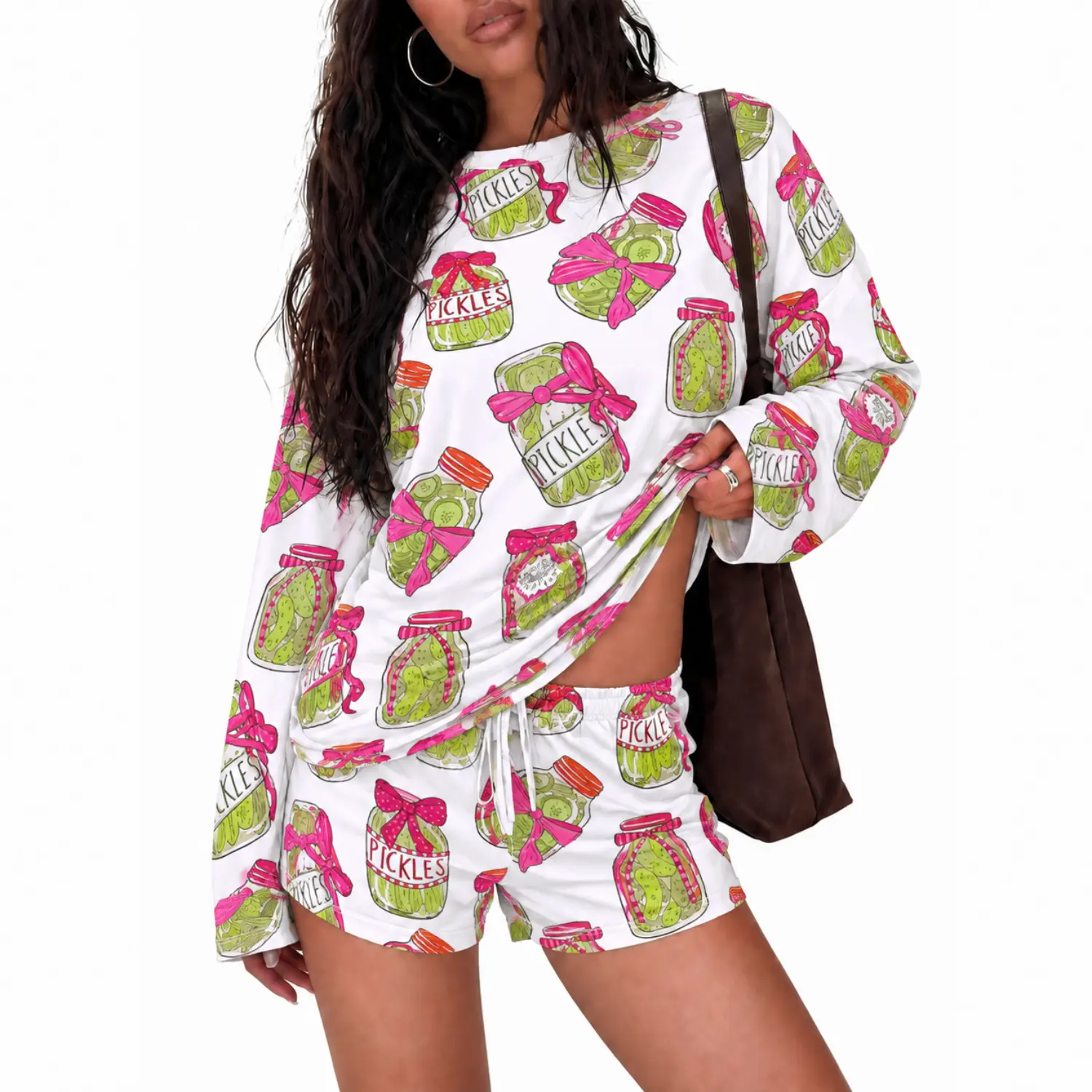 Women's 2-Piece Set, Oversized Crew Neck Long Sleeve Top and Elastic Waist Shorts, Pickle Jars and Bows Print, Cozy Loungewear
