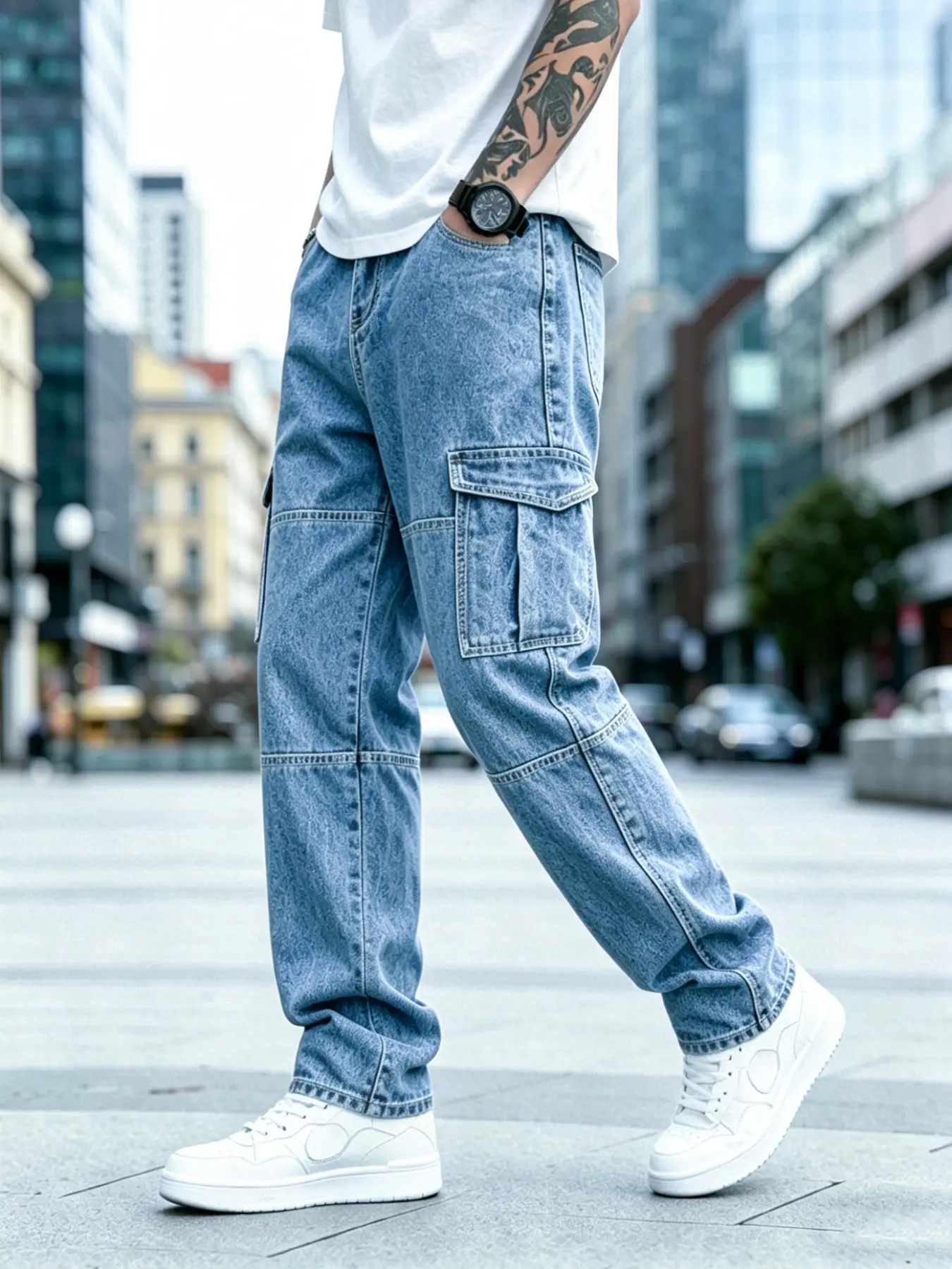 Men's Multi-Pocket Cargo Jeans, Loose Straight-Leg Fit, Retro Style Vintage Jeans, Plain, Suitable for Casual, Commuting & Outings, Comfortable Fabric & Versatile Design, Casual Streetwear Jeans, Loose Jeans Trousers