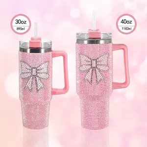40oz/30oz Stainless Steel Car Tumbler, With Rhinestones Shiny Insulated Cup, With Handle And Straw, Suitable For Car, Travel, Birthday Gift, New Year Gift For Friends, Valentine's Day Gift