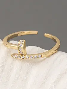 1 Pc Copper Zirconia Nail Ring , Golden Color Adjustable Size Nail Rings For Women , Minimalist Luxurious Crystal Ring Jewelry , Suitable Gift For Girlfriend, Sister, Mother, Vacation, Party, Wedding, Suitable For Women's Daily And Festival Wear