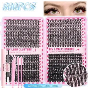 800pcs/Eyelash Extension Kit/Individual Eyelashes/30-100DMixed Length 9-16mm/DIY Cluster Lash Kit with Glue and Brush Tweezers/Easy Apply at Home Makeup Book/Reusable/Perfect for At Home Makeup/Travel, Individual Lash Clusters, Eyelash Bond Glue