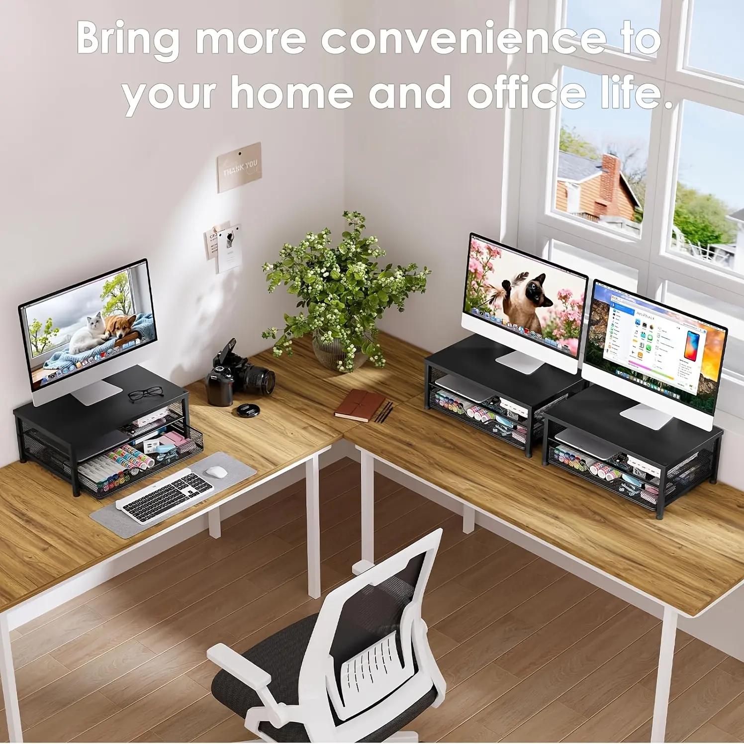 Desk Organizer And Accessories, 3-Tier Computer Monitor Stand Riser With Drawer And Pen Holders, Laptop Stand, Office Desk Accessories For Office Supplies, Workspace Computer Monitor And Compact Printer, Black